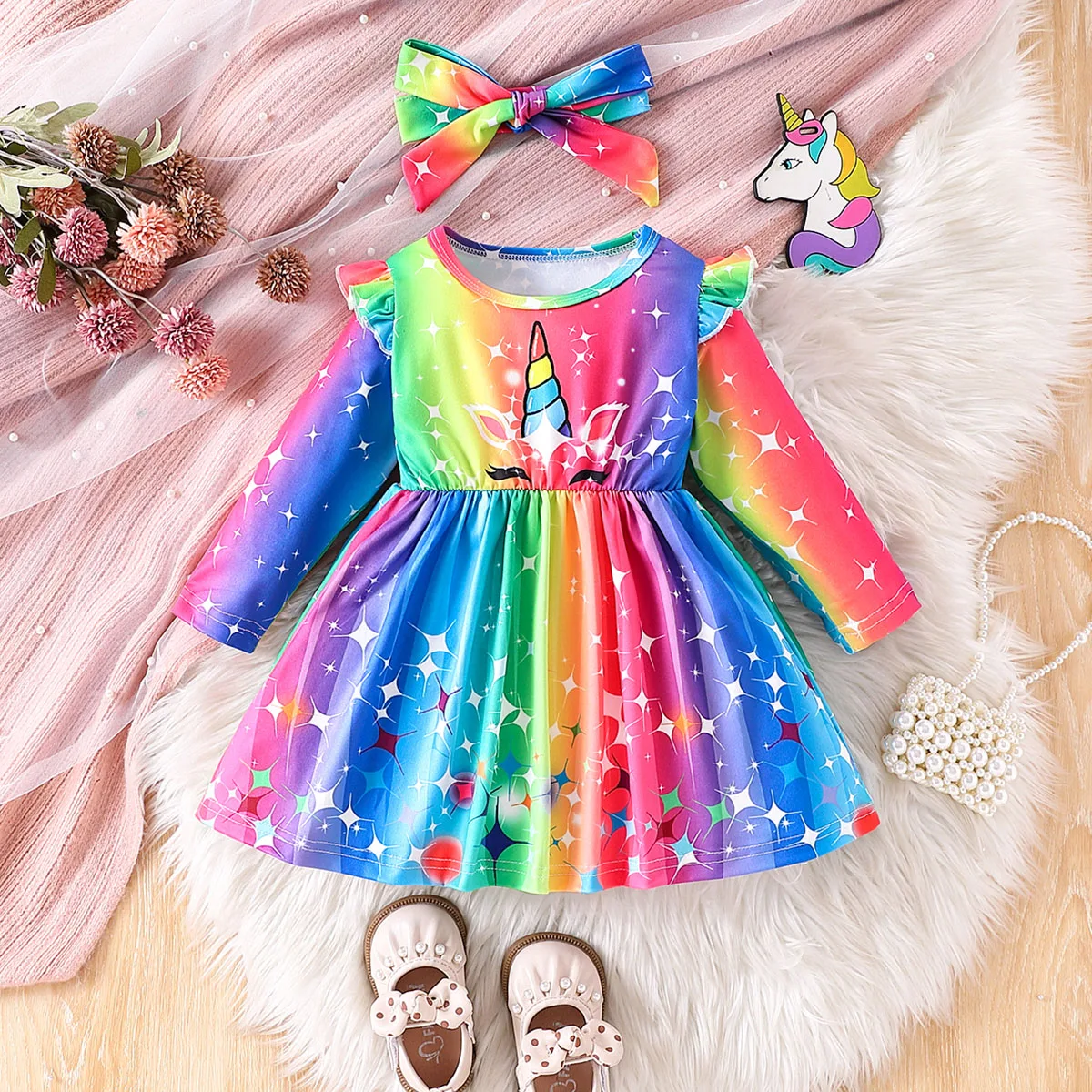 

Single piece baby girl baby fashionable casual colorful cartoon print round neck long sleeved dress for spring and autumn
