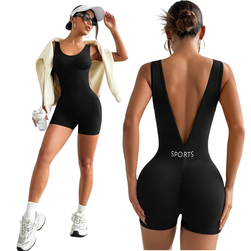 

Tight Deep V Backless Fitness Jumpsuit Women Sports Gym Workout Running Jumpsuits Woman Slim O Neck Sleeveless Yoga Clothes