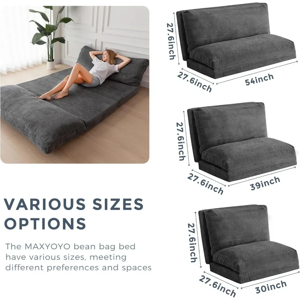 Bean Bag Bed Folding Sofa Bed Floor Mattress for Adults, Extra Thick and Long Floor Sofa with Corded Washable Cover