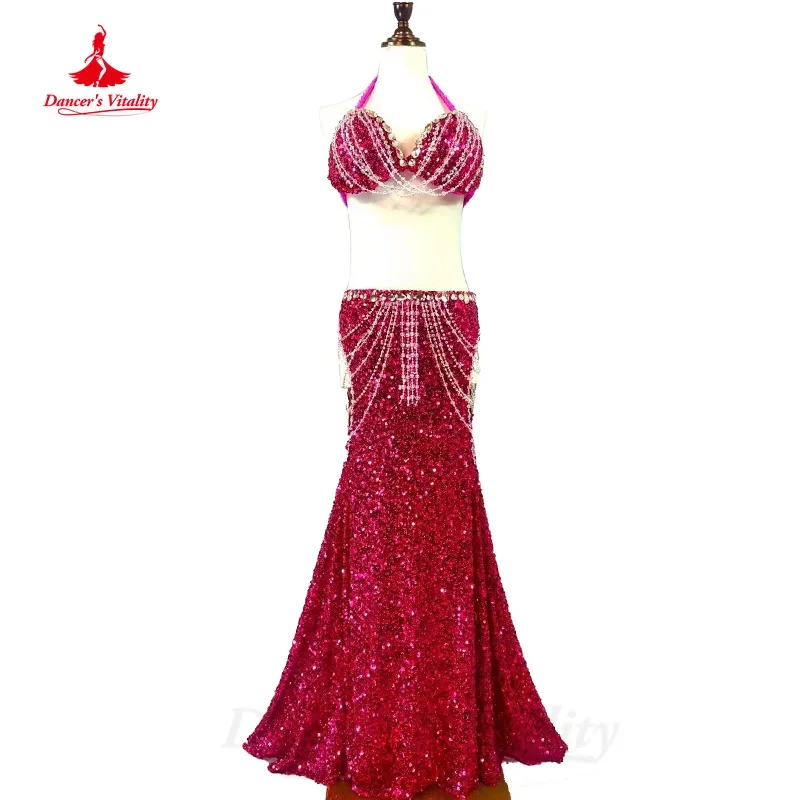 BellyDance-Costume de Luxe Personnalisé avec Soutien-Gorge et Jupe Longue à Paillettes, Vêtements de Performance Professionnelle