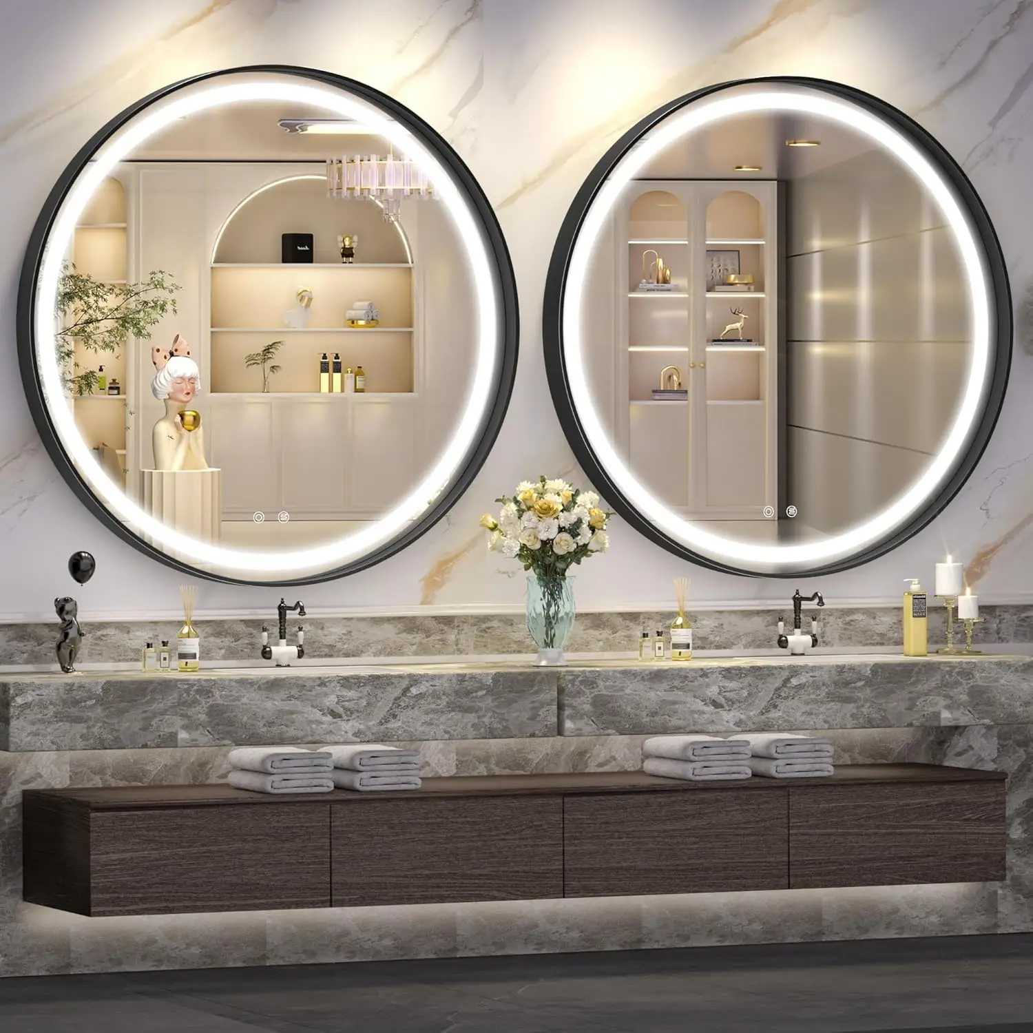 30” Led Bathroom Mirror With Light, Round Black Metal Frame Bathroom Mirrors For Vanity Anti-Fog, Dimmable, 3 Colors