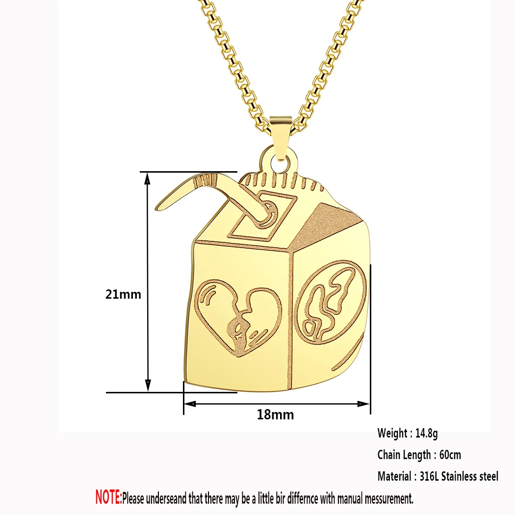 CHENGXUN Stainless Steel Streetwear Juice Box Pendant Necklace for Men Women Milk Box Charm Chain Hip Hop Jewelry Gift