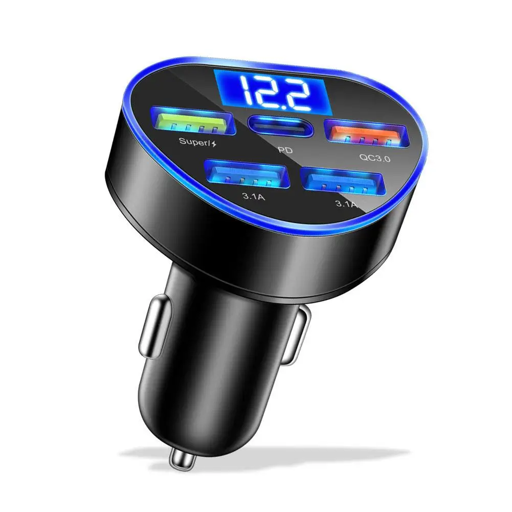 150W 5-in-1 Digital Display Car Charger 12-24V 5-Ports Super Fast Charge PD QC3.0 Dual-USB 3.1A Car Charger For Suv Sedan T K3L6