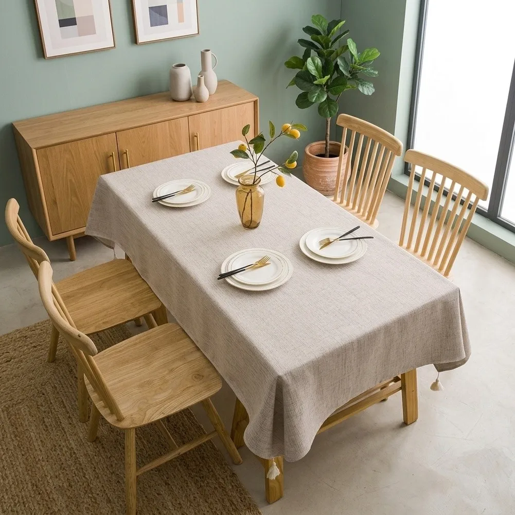 Simple Elegant Tablecloth with Linen Look Fabric and Subtle For Tassel Design 132x220 CM for Living Room Dining Room