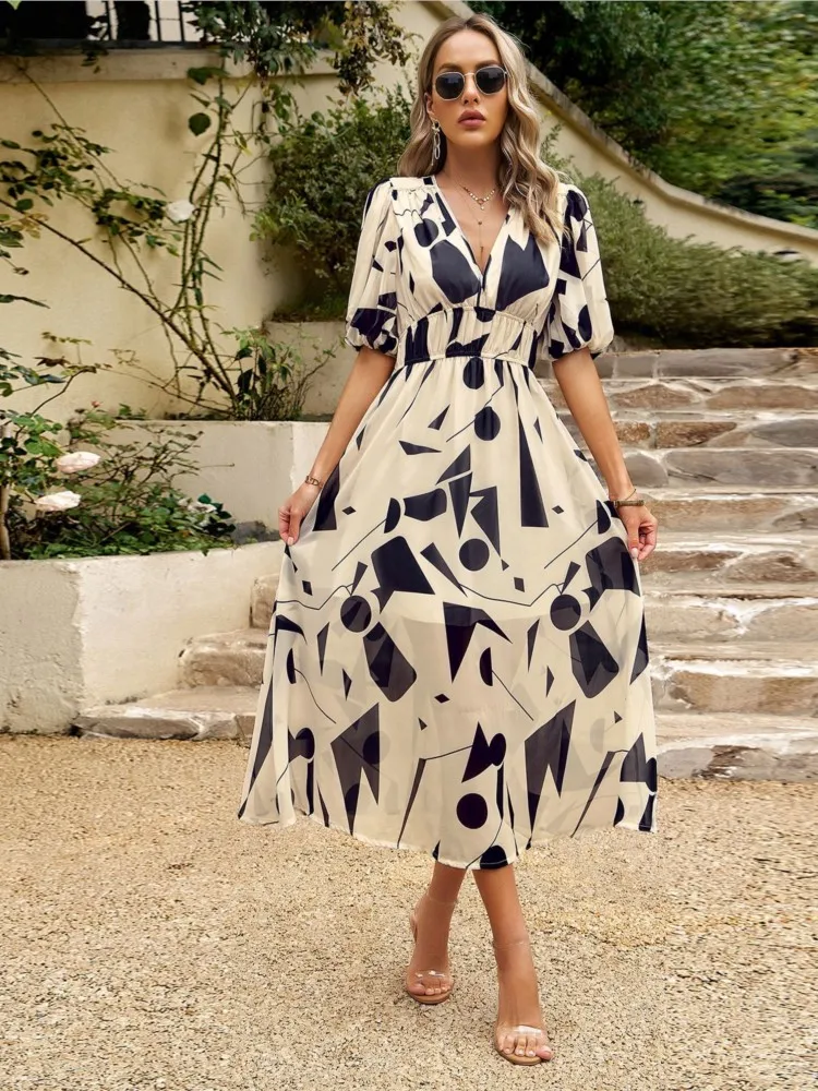 Women Summer Bohemian Long Dresses 2025 Floral Print Holiday Chiffon V Neck Short Sleeve Midi Dress Elastic Waist Beach Vestidos