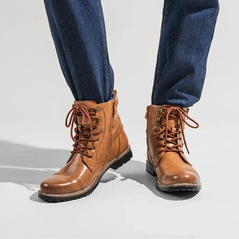 Botas de metal com zíper duplo para homens, Botas de couro militar, Bota de motocicleta retro homem