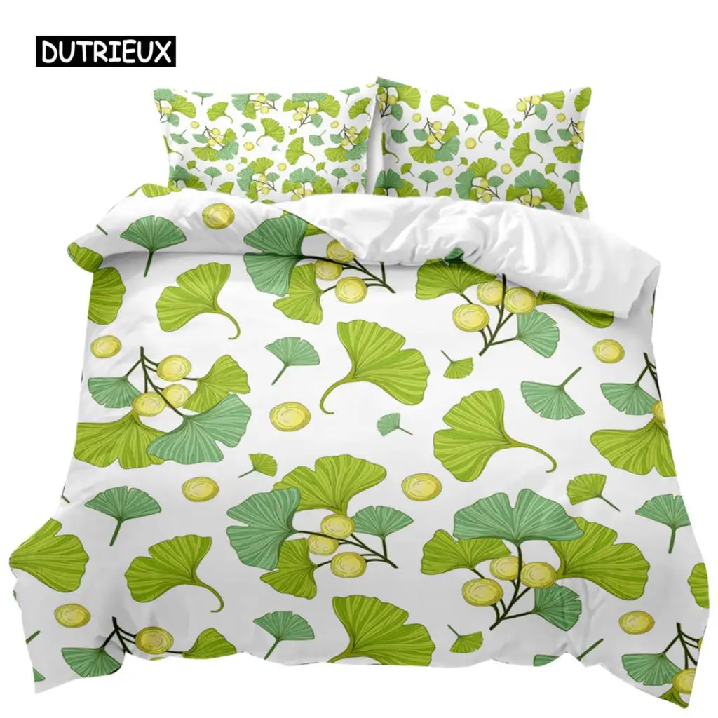 

Plant Duvet Cover Set Green Ginkgo Biloba Plant Theme Bedding Set for Kids Teens Double Queen King Size Polyester Qulit Cover