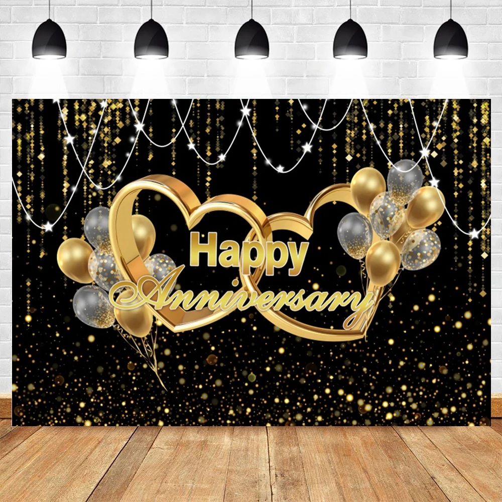 Happy Anniversary Backdrop For Photography Gold Balloon Glitter Love Heart Wedding Birthday Party Bridal Shower Photo Background