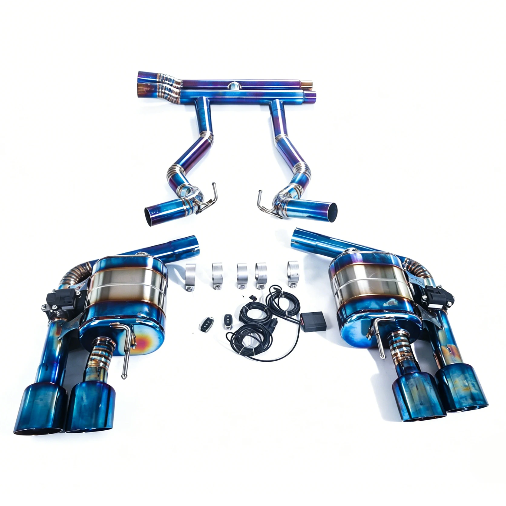 For the 2023 Ford Mustang GT (S650) 5.0T V8 titanium performance cat-back exhaust system, with dual-valve muffler, 4 tips.