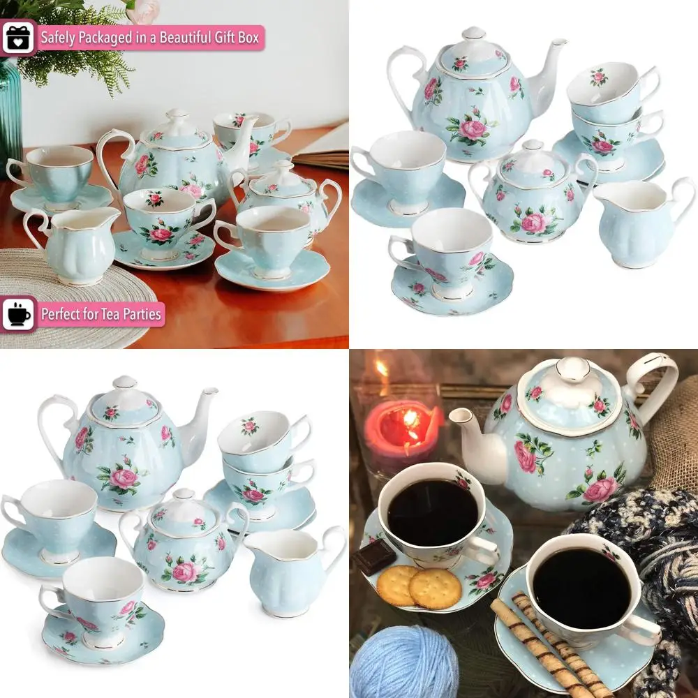 

Adults' 13-Piece Pastel Blue Floral Porcelain Tea Set with 4 Cups, 38oz Pot, 8oz Cups & Saucers, Dishwasher Safe, Ideal Christma