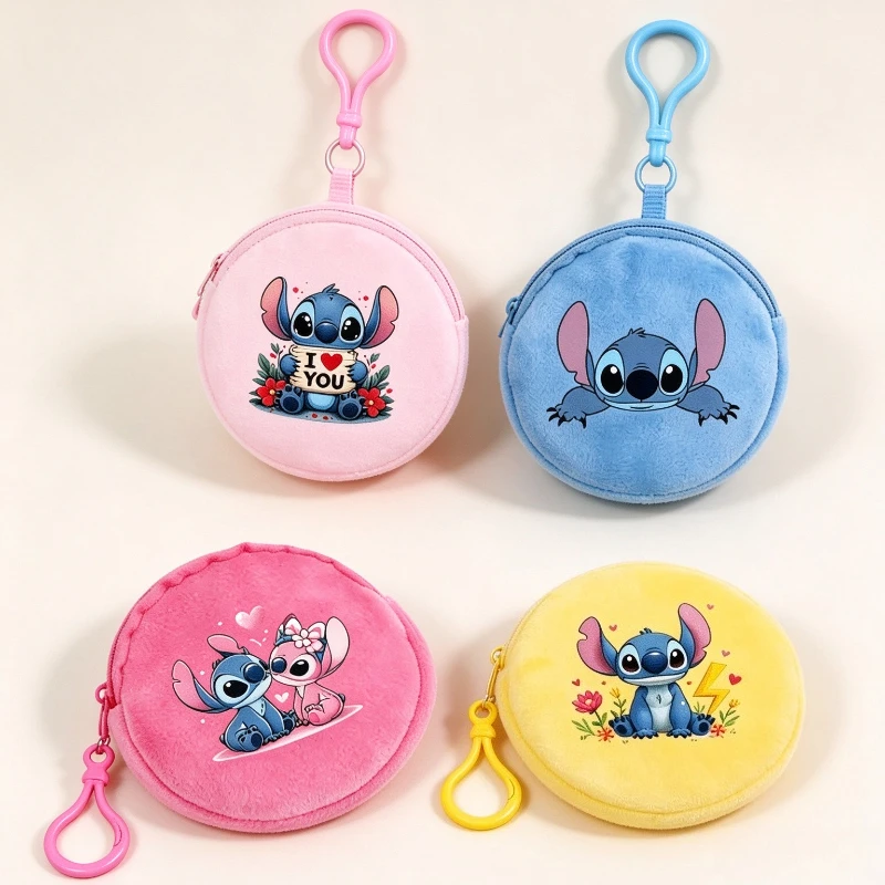 Disney Stitch And Angel Wallet, Cute Cartoon Plush Storage Bag, ID Card Bag, Earphone Change Coin Storage Bag, Keychain