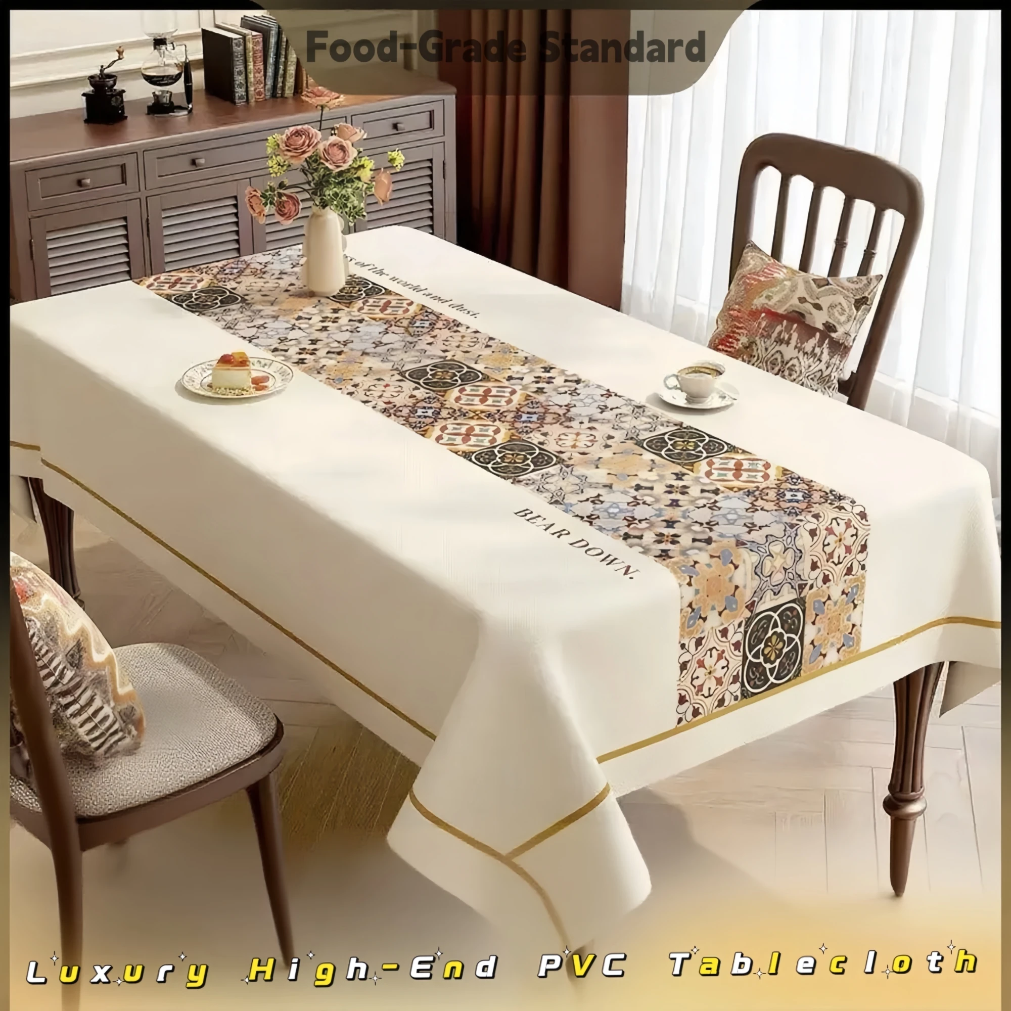 American Style Tablecloth PVC Waterproof Oilproof,Luxury Table Cover for Dining Table & Centerpiece,No-Wash Easy Clean Protector