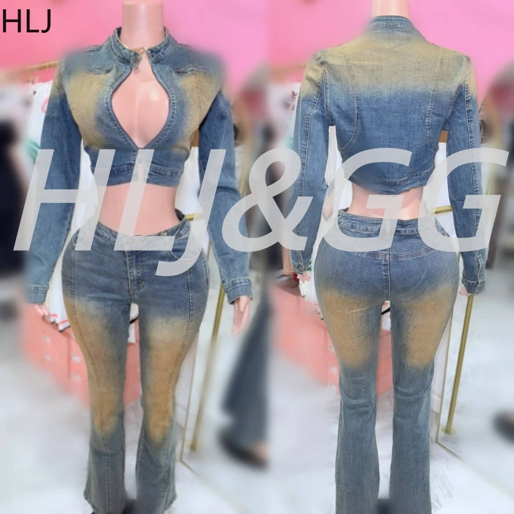 

HLJ Винтажные синие модные джинсовые расклешенные брюки, комплекты из двух предметов, женский тонкий укороченный топ с длинными рукавами на молнии и джинсовые брюки, уличная одежда