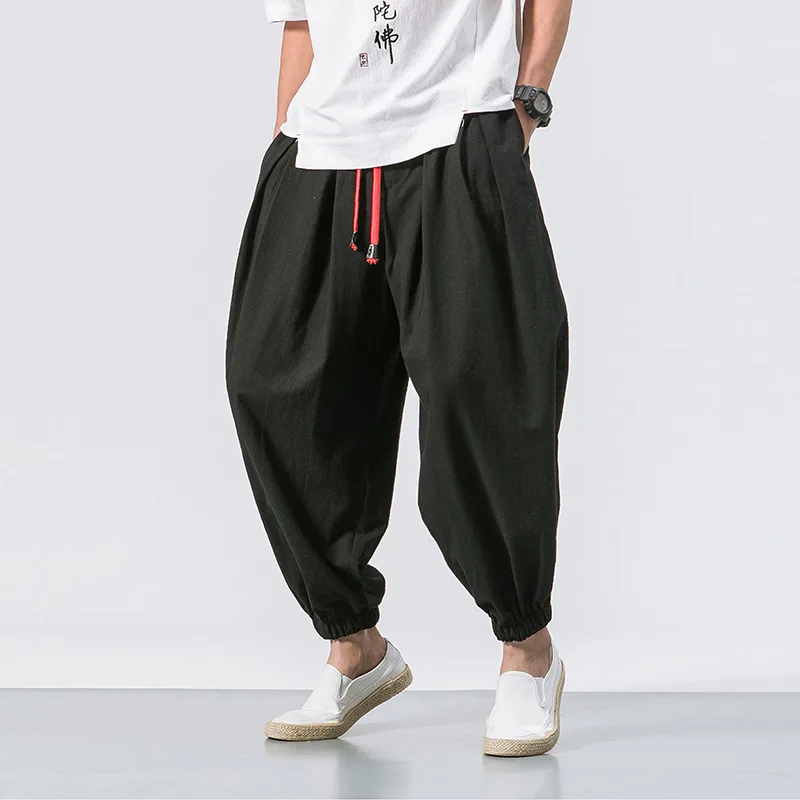 

Cotton Linen Harem Pants Men Solid Elastic Waist Streetwear Joggers 2024 New Baggy Drop-crotch Pants Casual Trousers Men