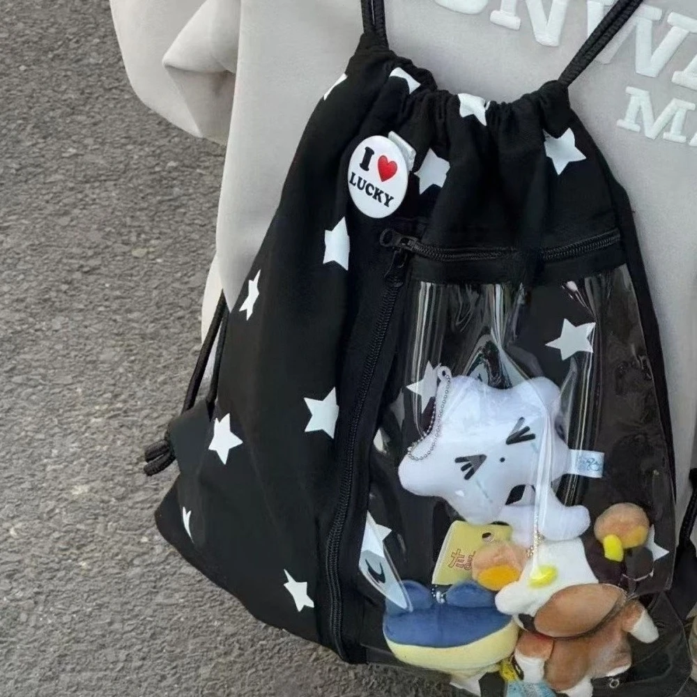 

Drawstring Canvas Backpack Transparent Pockets Pain-Free Bages Large Capacity Star Print Storage Bag Lightweight Commuting Bag