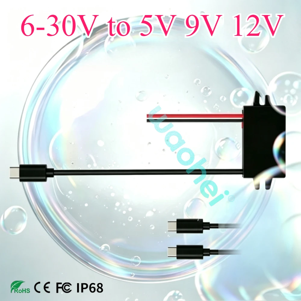 DC 6-30V to 5V 9V 12V 24W Voltage Power Supply Output USB-A Female/Type C USB Step Down  Adapter Car Power Converter Waterproof