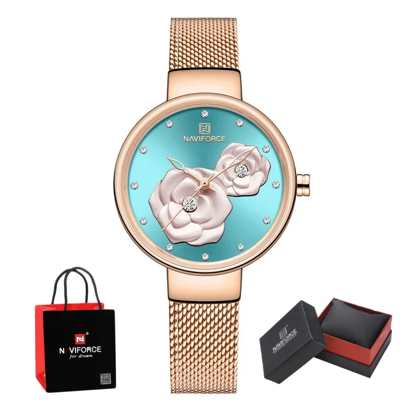 NAVIFORCE Quartz Watch for Woman Steel Band Girls Unique Design Luxury Dress Elegant Ladies Clock Daily Wear Wristwatch Gift Box