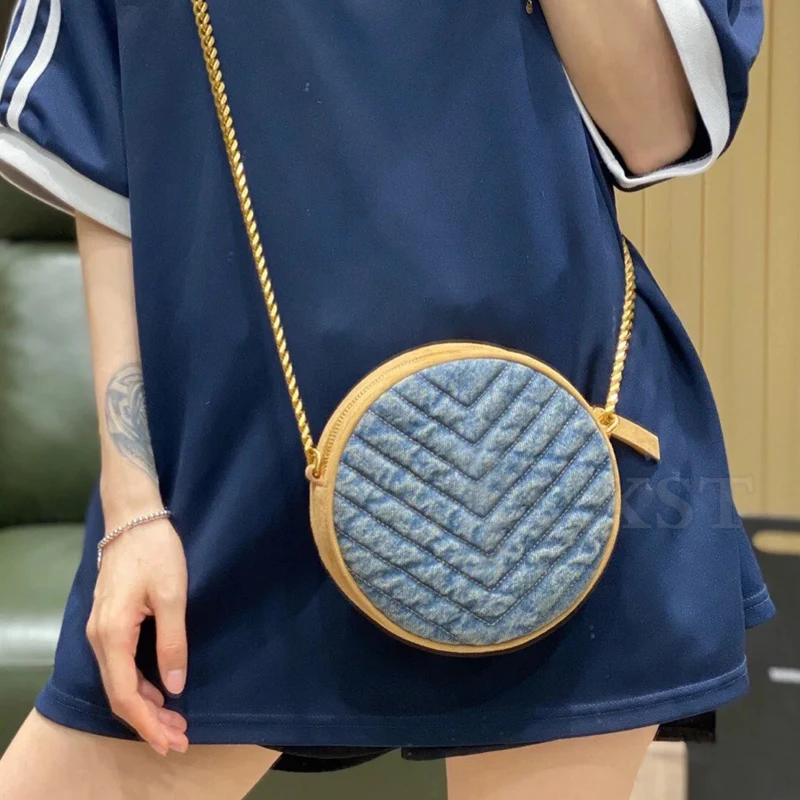 UXST 2024 New Denim Round Bag Fashion Luxury Chain Crossbody Bag Large Capacity Lipstick Versatile Mini Retro Bag Coin Purse