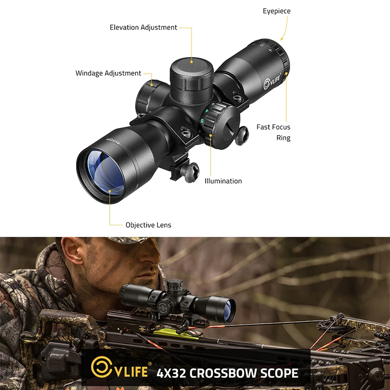 

CVLIFE 4x32 Compact Crossbow Scope Glass Reticle Optics Sighting Compact Scopes for Hunting Circles and Rangefinder Etched