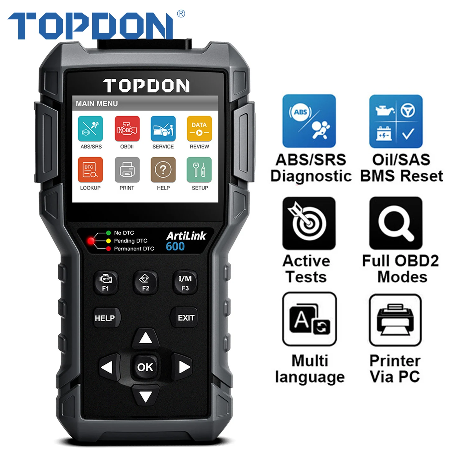 TOPDON OBD2 Scanner For Car Professional Code Reader ABS SRS Active Tests Automotive Diagnostic Tool DTC Lookup Scan Tool AL600