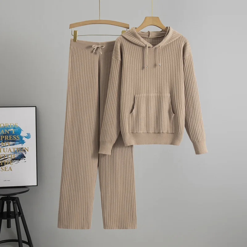 

Классические однотонные вязаные комплекты из 2 предметов, женский повседневный пуловер с капюшоном, трикотажные изделия, топы, широкие брюки с высокой талией, спортивные штаны, наряд B661