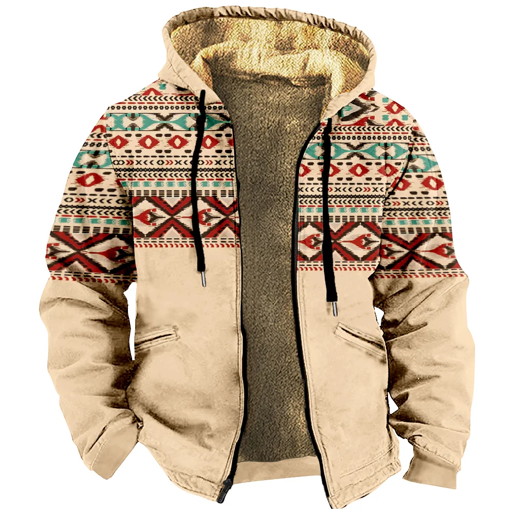 Tribal Graphic Vintage Hoodie 3d Lange Mouw Rits Sweatshirt Winter Opstaande Kraag Jas Vrouwen Heren Harajuku Kleding