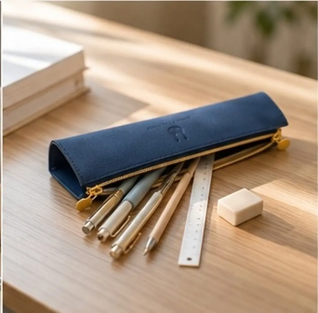 Navy Pencil Bag Texture Scratch Resistant Stationery Pouch Pen Case Coin Holder for School Office