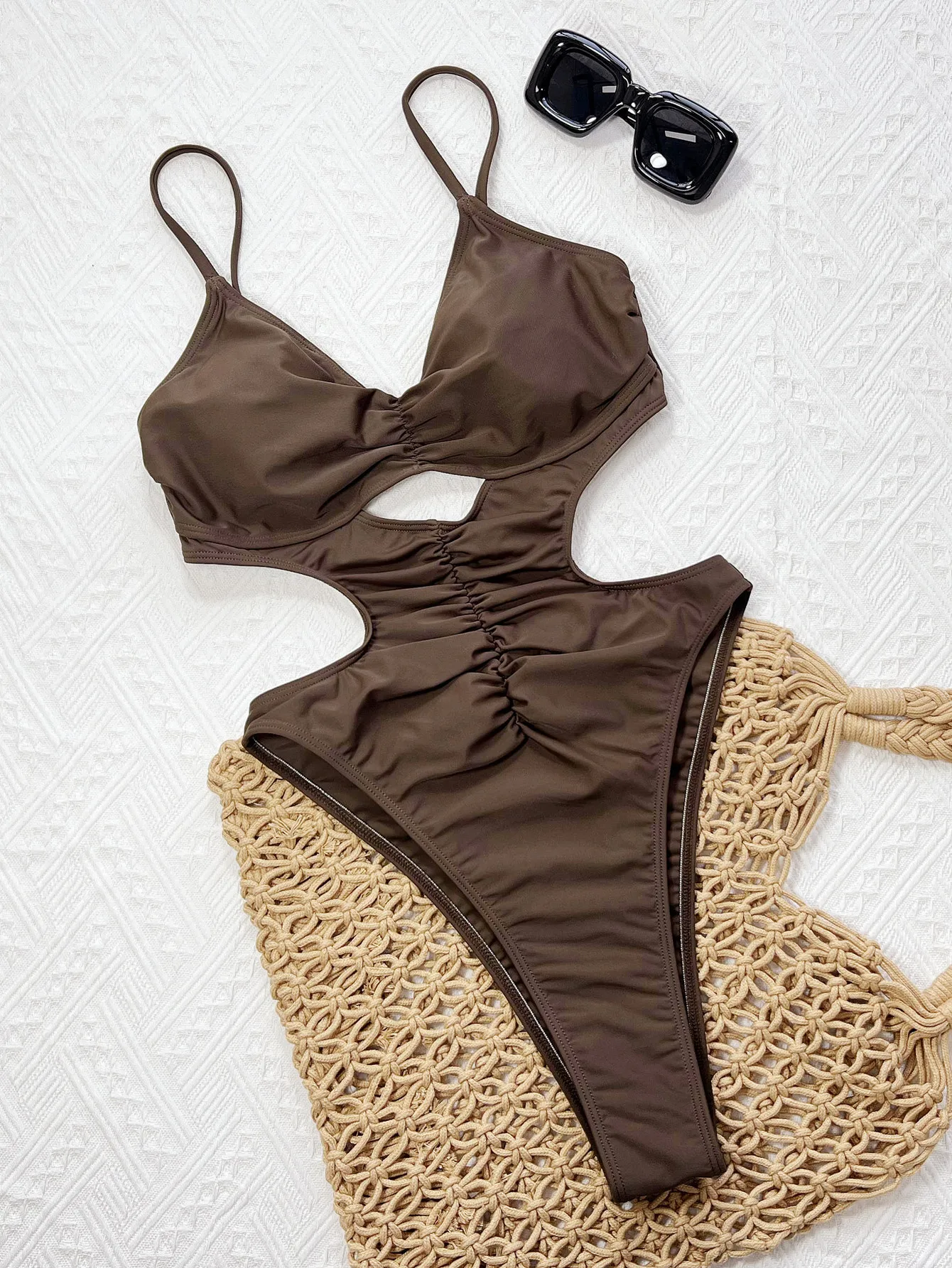 

sexy coffee hollow out bikinis one piece wrinkled swimsuits bodysuits backless swimwear women beach monokini beachwear