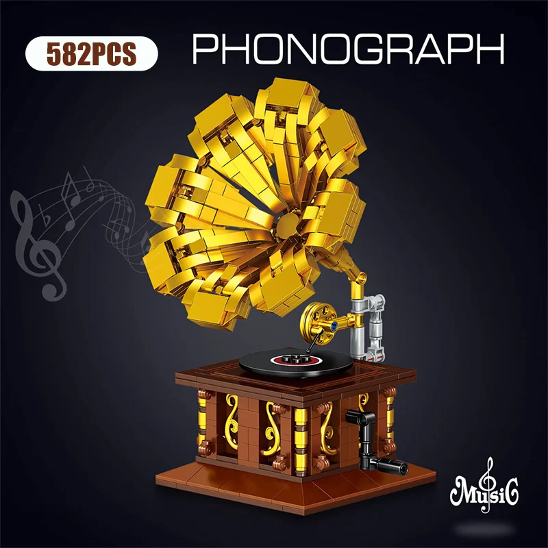 

Old Fashion Gramophone Phonograph Blocks Desktop Ornaments Art Enlightenment DecorationRetro Education Mini Dot Building Blocks