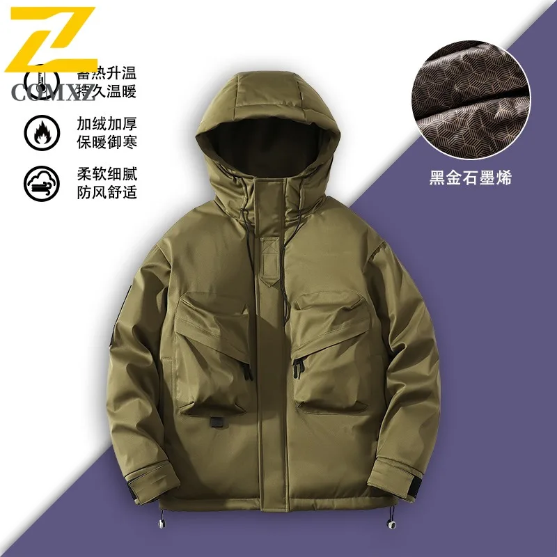 COMXZ Men Fleece Lined Jacket Winter Autumn Korean Style Waterproof  Windproof Hooded Outdoor Sports Casual Solid Color Coat