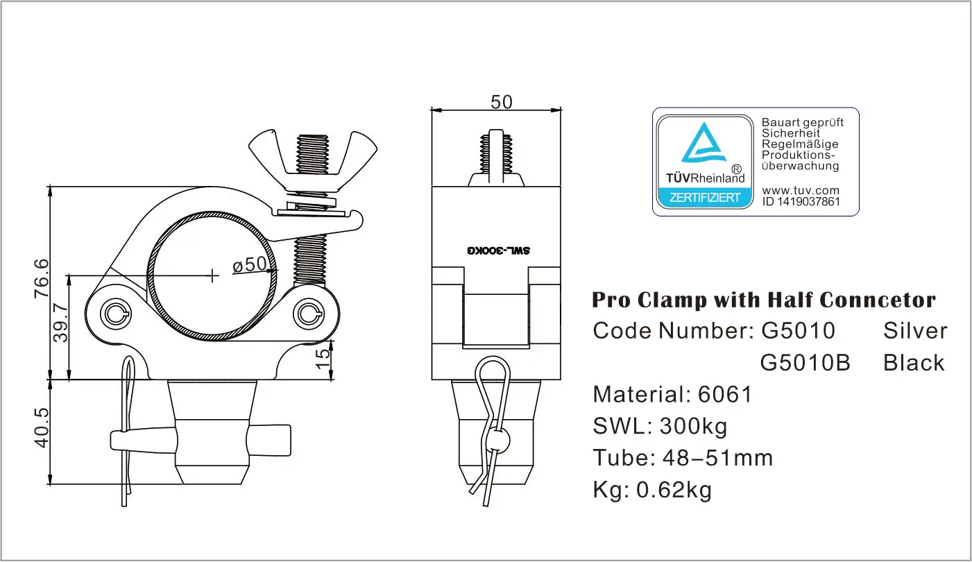 6-Pack Tube 48-51mm Load 300kg Pipe Clamp Truss Hook Aluminum Stage Lighting Truss Clamp Hook, Pro Clamps With Half Connector