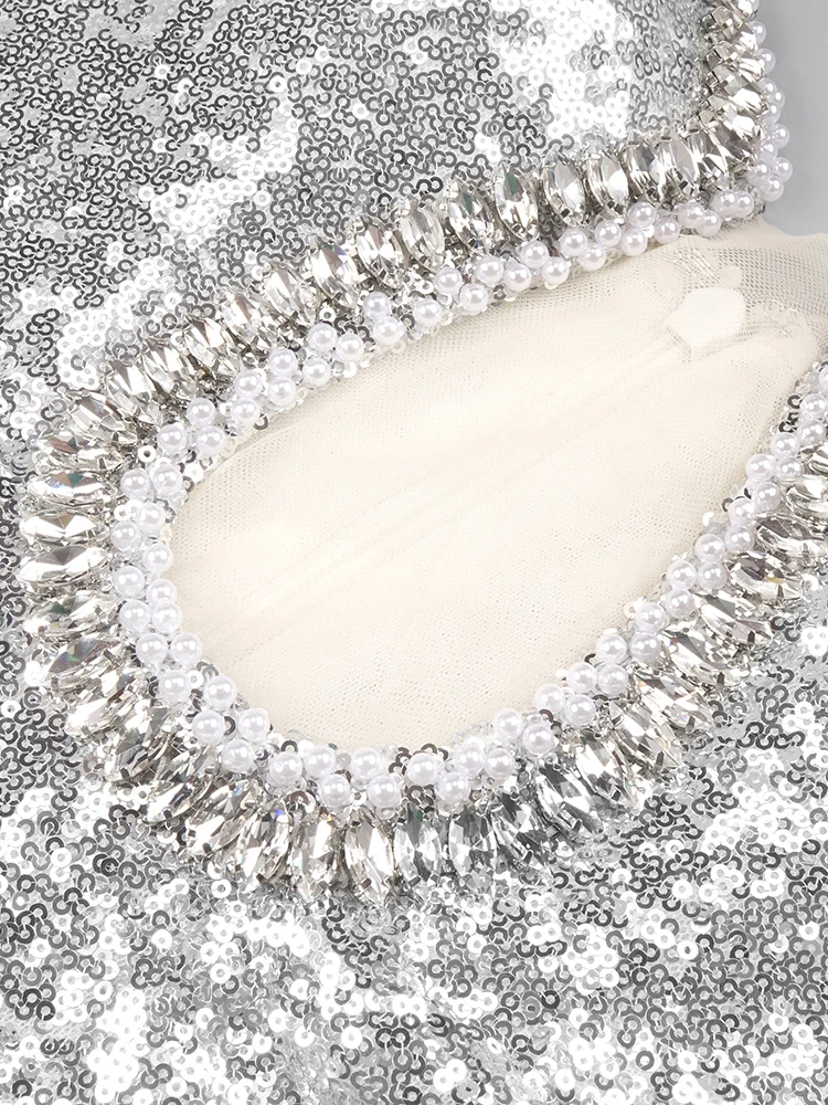 Silver Sequins  Strapless Mermaid Long Dress Backless SparklyRhinestones Cut Out Prom Celebrity Cocktail Party Evening Gown