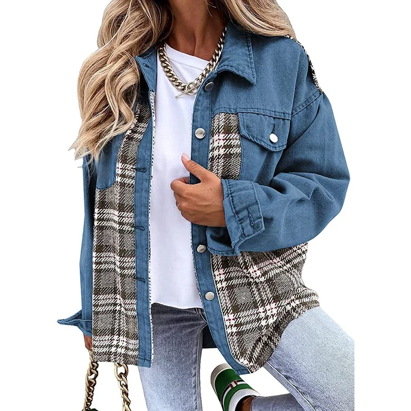 

Female Fashion Plaid Printed Denim Stitching Jackets Shirts Autumn Winter Buttons Long Sleeve Elegant Turn-down Collar Cardigans