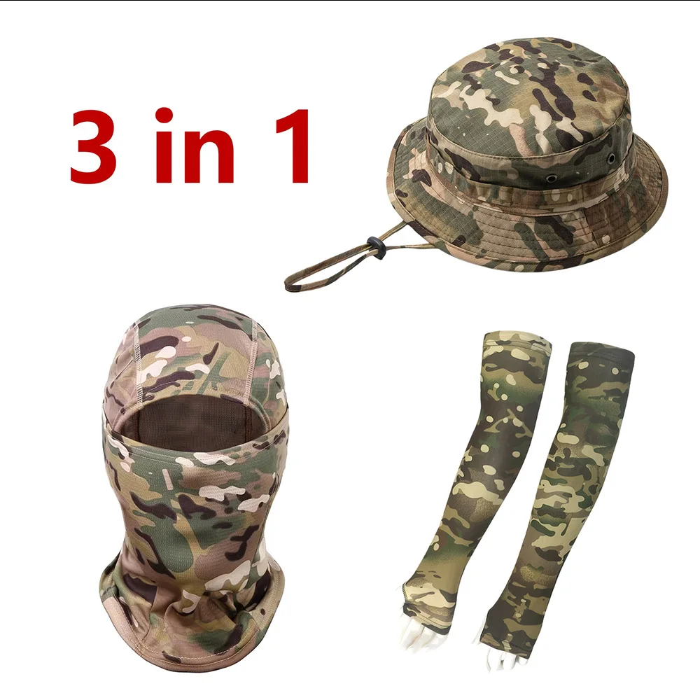 3 In 1 Tactical Camo Boonie Hat Set with Balaclava Face Cover Cooling Arm Sleeves For Hunting Fishing Cycling Hiking Camping