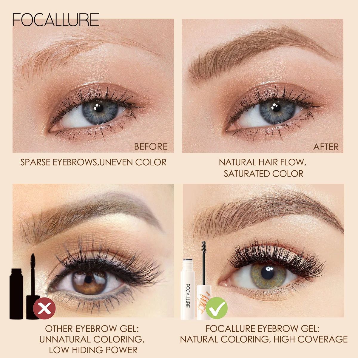 FOCALLURE Eyebrow Styling Gel Brows Wax Sculpt Soap Clear Brown Grey Waterproof Long-Lasting 3D Feathery Wild Brow Style Makeup