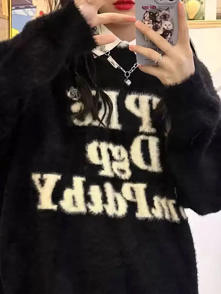 

Thiened American Letter Print Mink Sweater Women's Autumn Winter Soft Cozy Knitted High Street Sle Faionable Top