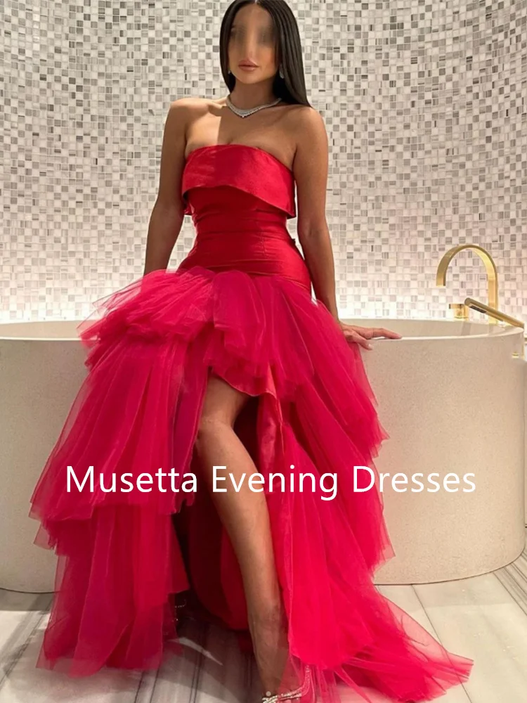 Musetta Fashion Strapless Prom Dress For Women Tulle Tiered Evening Gowns Side Slit Floor-Length Vestidos De Noche Customized