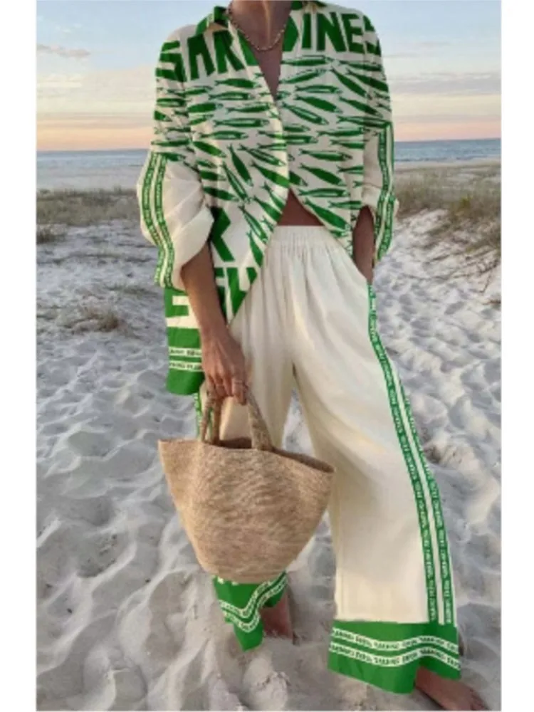 Summer Fashion New Vacation Style Cruise Print 2-Piece Set Lapel Shirt + Wide-Leg Pants Women Casual Cruise Outfit Beach Holiday