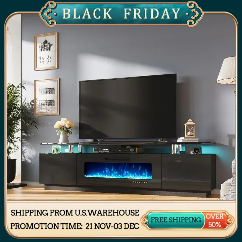 Fireplace TV Bench with 40 in Fireplace, Modern High Gloss Fireplace Entertainment Center LED Lights, 2 Tier TV Console Cabinet