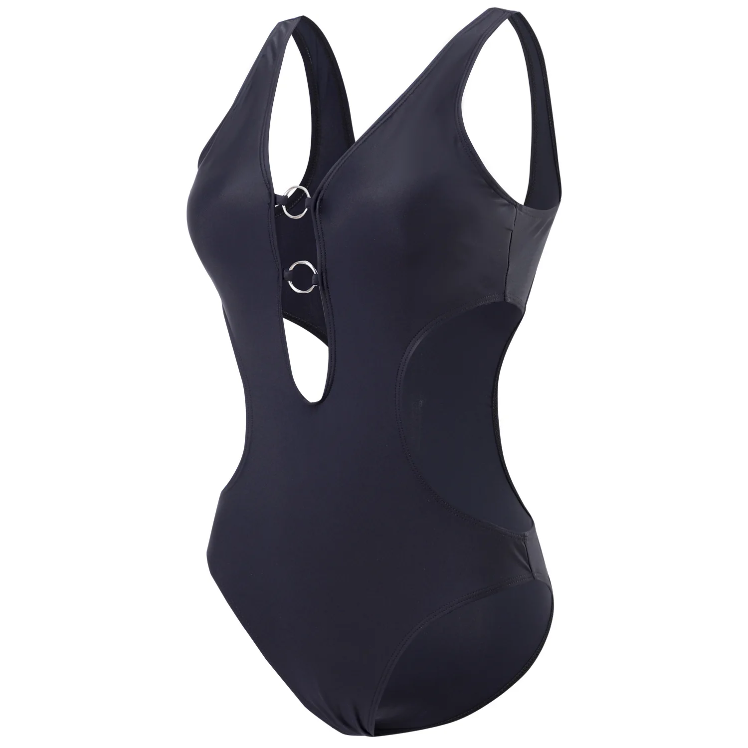2025 Summer Sexy Black One Piece Swimsuit for Women Double Metal Ring Cutout Side Push Up Bathing Suit Monokini Beach Swimsuit