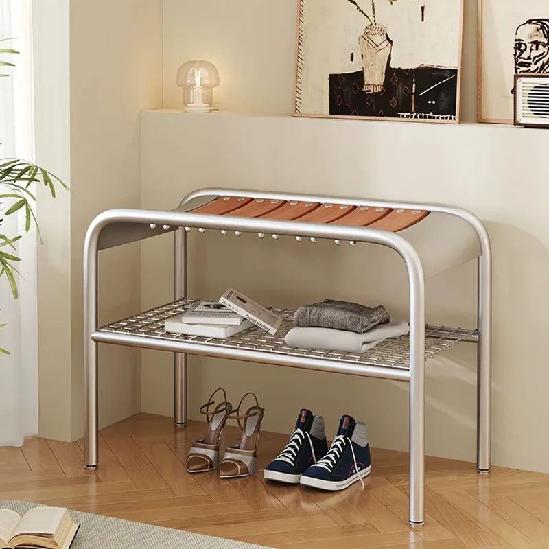 Roman Curved Shoe Changing Bench Solid Ash Wood Seat Carbon Steel Frame Shoe Rack Entryway Shoe Stool for Hallway Bedroom