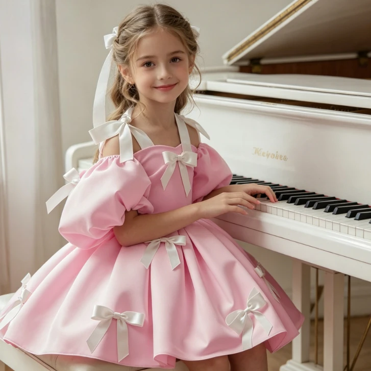 Girls Dress 2026 Spring Summer New Childrens Clothes Girls Baby Fashion Temperament Gorgeous Bubble Sleeve Bow Princess Dress
