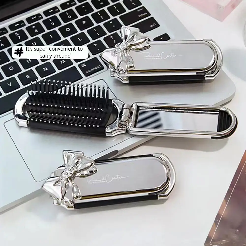 

Folding Massage Combs Small Hair Combs With Mirror Useful Air Cushion Comb Sweet Bow Decor Cute Mini Item Anti-Static Hair Brush