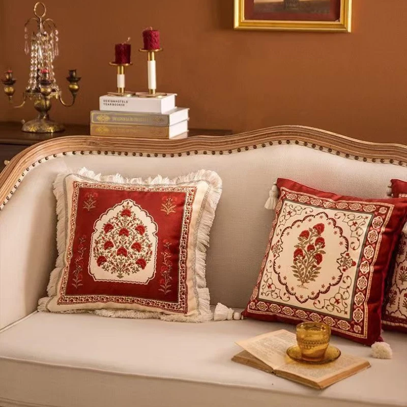 Red Retro Flower Printed Fringed Pillow Cases Luxury Pillow Cover Decorative Soft Dutch Velvet Square Cushion Cover Home Dector