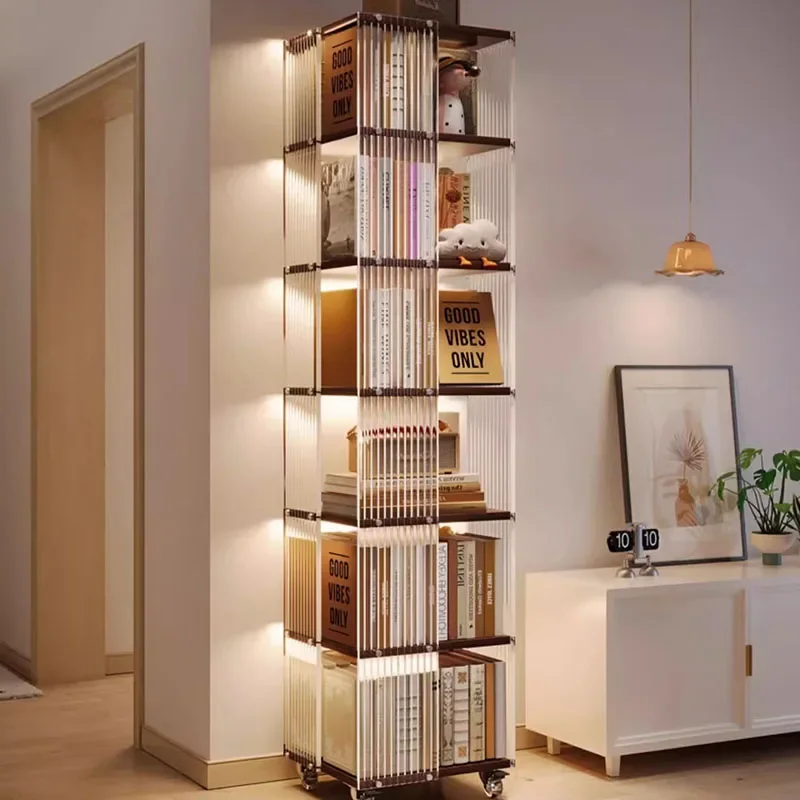 Acrylic 360 Rotating Bookshelf Mobile Multi Layer Display Stand for Living Room TV Area Solid Wood Storage Organizer