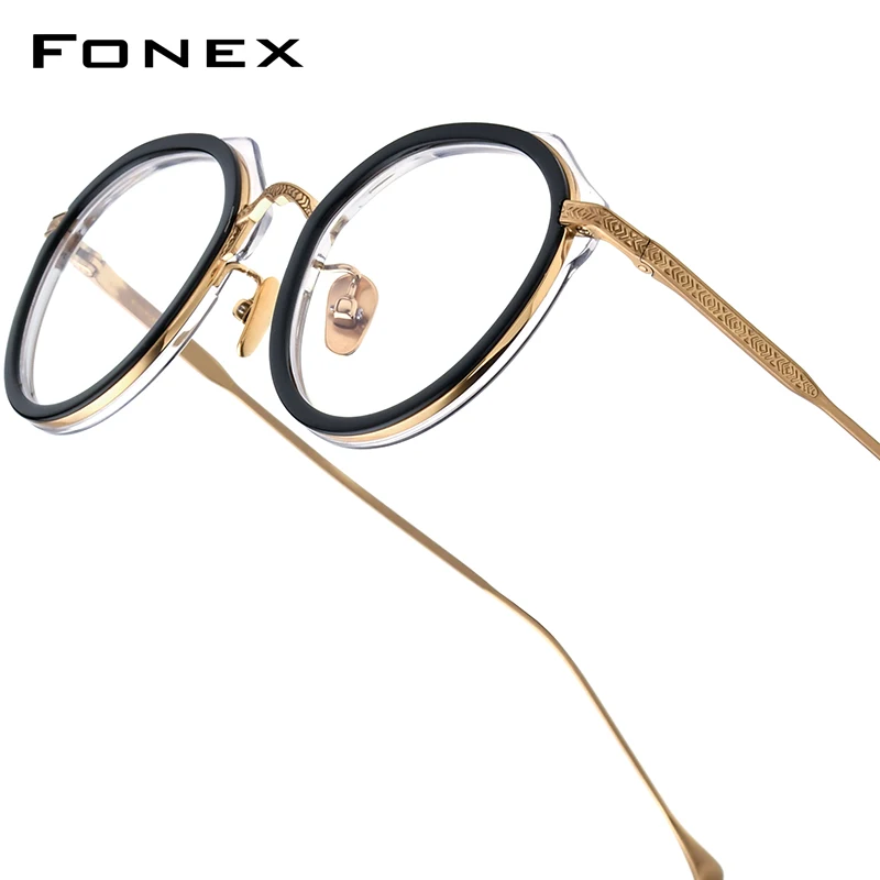 FONEX Acetate Titanium Glasses Frame Men Retro New Brand Design Vintage Round Eyeglasses Women Japanese Ultralight Eyewear LO04
