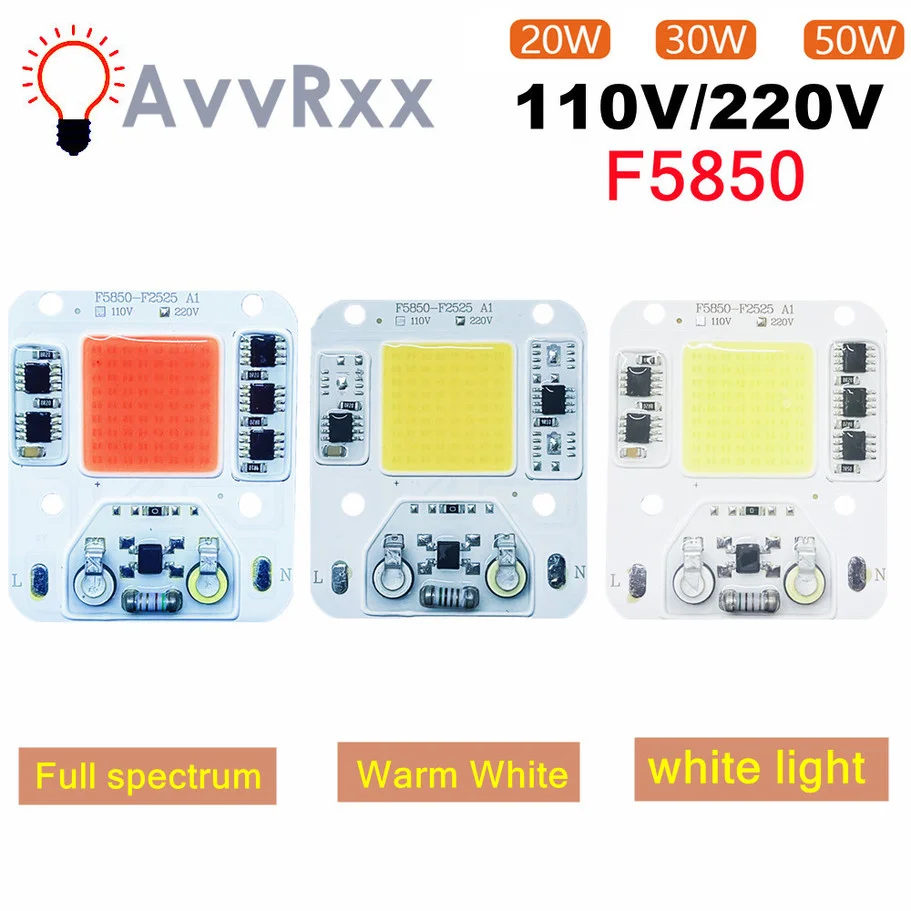 AvvRxx-CHIP LED COB de espectro completo, matriz de diodos emisores de luz blanca fría y cálida, 20W, 30W, 50W, CA de 110V, 220V