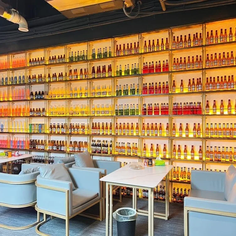Bar restaurant Simple bar counter Solid wood luminous wrought iron partition wall, column wine rack decorative display