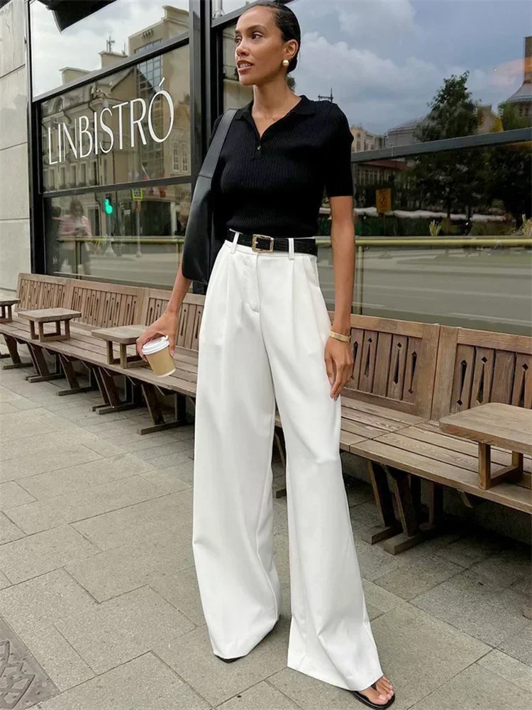 FJM-Pantalon blanc taille haute pour femmes, vêtements simples et décontractés, à la mode, de couleur blanche, collection automne