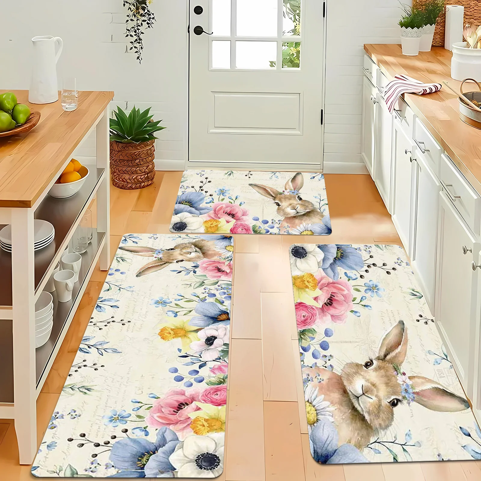 Happy Easter Spring Rabbit Flowers Kitchen Floormats Living Room Balcony Hallway Entrance Rugs Bathroom Toilet Non-slip Door Mat